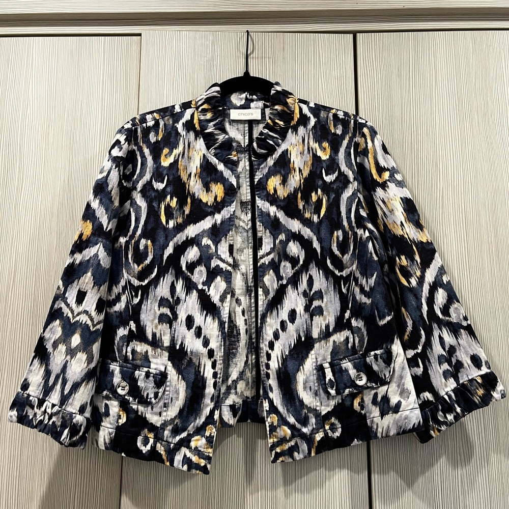 Chico’s Linen Cotton Blend Artistic Print Bolero Jacket Blue Yellow White Size 8